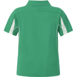 A green polo shirt for kids with white accents, featuring a collar and short sleeves. Includes a logo.