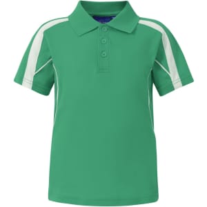 A green kids' short-sleeve polo shirt with white accents and a collar, featuring a logo on the chest.
