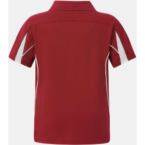 A red kids' short-sleeve polo shirt featuring white side panels and a collar. The shirt has a logo.