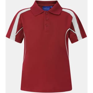 A red polo shirt featuring white accent panels and a classic collar, with three buttons at the front.
