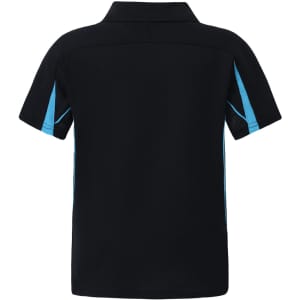 A black kids' polo shirt featuring light blue accents and a collar. It has a logo on one side.