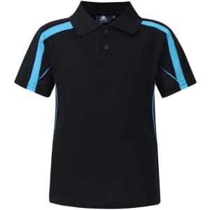 A black polo shirt with blue accents, featuring a classic collar and button placket, and includes a logo.