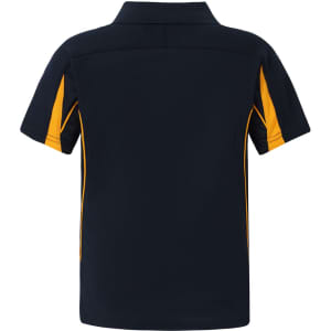 A navy blue polo shirt with yellow accents, featuring a collar and short sleeves. It has a logo displayed.