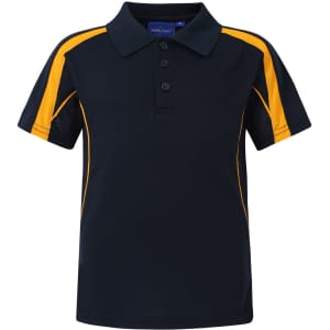A navy blue polo shirt with yellow accents and a mesh detail on the sides. It features a collar and three buttons.
