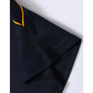 A navy blue polo shirt featuring a fold-over collar and contrasting orange detailing. It has a logo on the fabric.