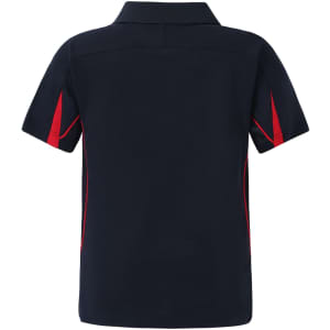 A navy blue kids' polo shirt featuring red accents and a logo on the chest. Simple design with a short-sleeve cut.