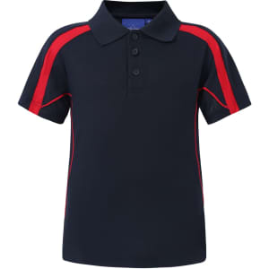 A kids' short-sleeve polo shirt in navy with red accents and a collar, featuring a small logo.