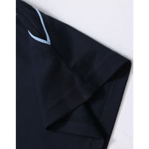 A close-up of a navy blue polo shirt, featuring a collar with light blue detailing and a logo.
