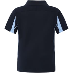 A short-sleeved navy polo shirt featuring light blue accents and a logo on the back.