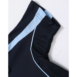 A navy blue kids' polo shirt with light blue accents on the collar and shoulders, featuring a logo.