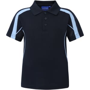 A navy blue kids' polo shirt featuring light blue stripes and a collar, with a logo on the chest.