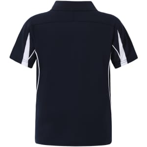 A navy blue kids' short sleeve polo shirt featuring white accents and a logo.