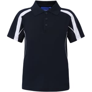 A navy blue kids' polo shirt with white detailing and a logo, featuring a classic collar and button placket.