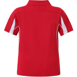 A red polo shirt with white side accents and a collar, featuring a logo on the back.