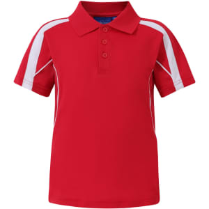 A red kids' polo shirt with white panel accents and a collar, featuring three buttons and a logo.