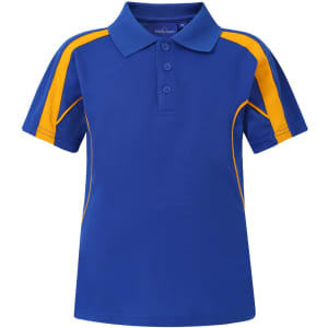 A blue polo shirt with yellow accents and a three-button placket, featuring a branding logo on the chest.