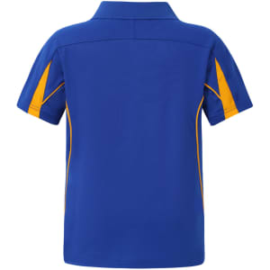A blue polo shirt with yellow accents, featuring a collar and short sleeves, and a logo on the back.