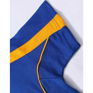 A blue polo shirt with yellow detailing and a breathable fabric. Features a logo on the chest area.