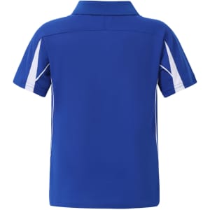 A blue kids' polo shirt featuring white accents, with a classic collar and short sleeves. It has a logo on the garment.