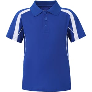 A blue kids' polo shirt with white side panels and a collar, featuring a logo on the chest area.
