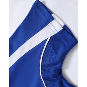 A blue polo shirt featuring white accents and a logo on the collar.