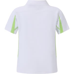 A white kids' polo shirt with green accents on the sides and a collar, featuring a logo.