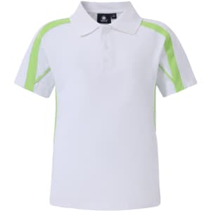 A short-sleeved white polo shirt with green accents and a collar, featuring a logo on the front.