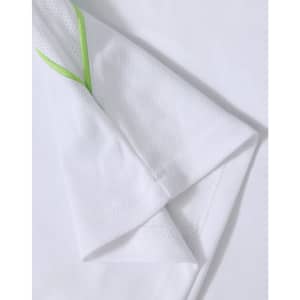 A white polo shirt with a green accent, featuring short sleeves and a textured fabric. It includes a logo.