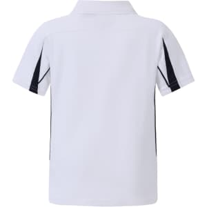 A short-sleeved white polo shirt featuring black side detailing and a collar, with a logo on the back.