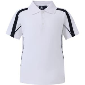 A white kids' polo shirt with navy accents and a logo on the chest. Short sleeves and a classic collar design.