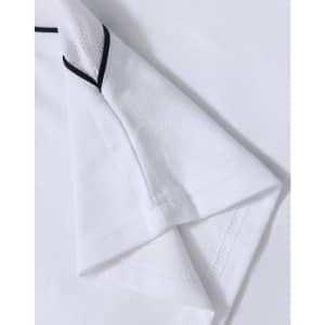 A white short-sleeve polo shirt featuring a textured fabric and contrasting trim. It has a logo on the design.
