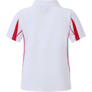 A kids' short-sleeved polo shirt in white with red side accents and a collar, featuring a logo.