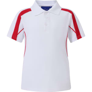 A white polo shirt featuring red side panels and a collar, with a logo on the chest.