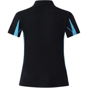 A black polo shirt with turquoise accents, featuring short sleeves and a logo on the back.