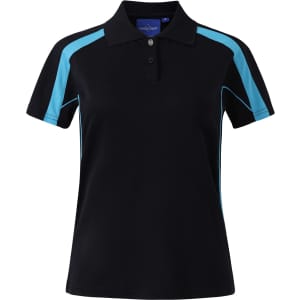 A black polo shirt with turquoise accents, featuring a classic collar and a logo. Perfect for casual wear.
