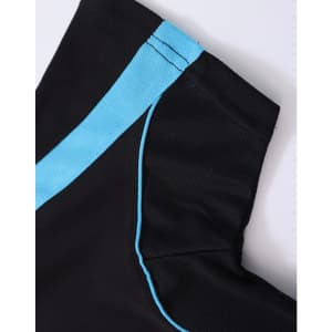 A black polo shirt featuring a blue stripe along the shoulder seam and a logo on the chest.