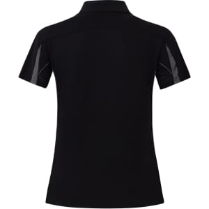 A short sleeve polo shirt in black with grey accents, featuring a collar and a logo on the front.