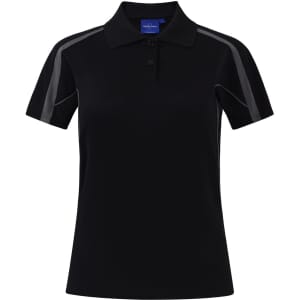 A dark brown short sleeve polo shirt featuring grey accents and a collar. It has a logo on the chest area.