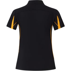 A black polo shirt with orange accents, featuring a collar and short sleeves. The back displays a logo.