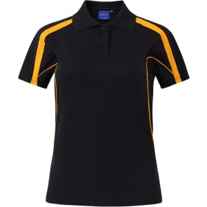 A black and yellow short sleeve polo shirt with a branded logo on the front and contrasting side panels.
