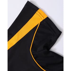 A black polo shirt featuring yellow accents on the sleeves and side seams with a logo present.