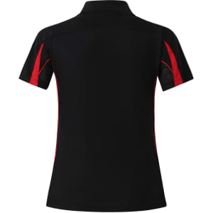 A black short sleeve polo shirt with red accents and a logo on the collar.