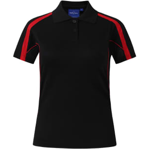 A short sleeve polo shirt in dark brown with red accents and a logo on the chest.