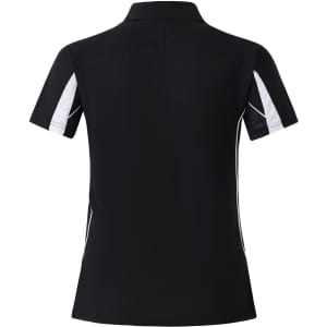 A black short sleeve polo shirt with white accents and a logo on the front.