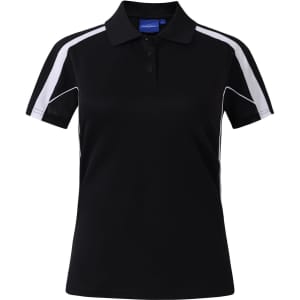A black short sleeve polo shirt featuring white accents and a logo on the collar.