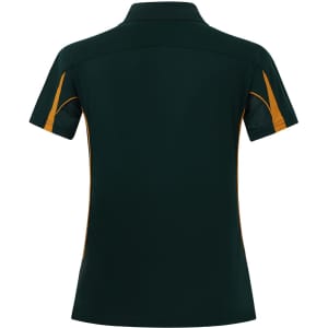 A green and gold short sleeve polo shirt featuring a logo, designed for women.