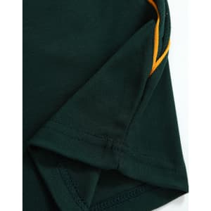 A dark green polo shirt featuring contrasting yellow detailing on the sleeves and collar.