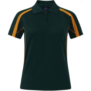 A green polo shirt with yellow detailing and a logo on the chest. Short sleeves and a classic collar design.