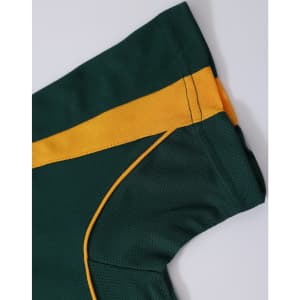 A green polo shirt with yellow accents on the sleeves and shoulder seams, featuring a logo on the front.