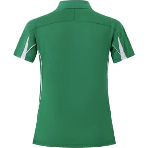 A green short sleeve polo shirt with white detailing and a collar, featuring a logo on the back.